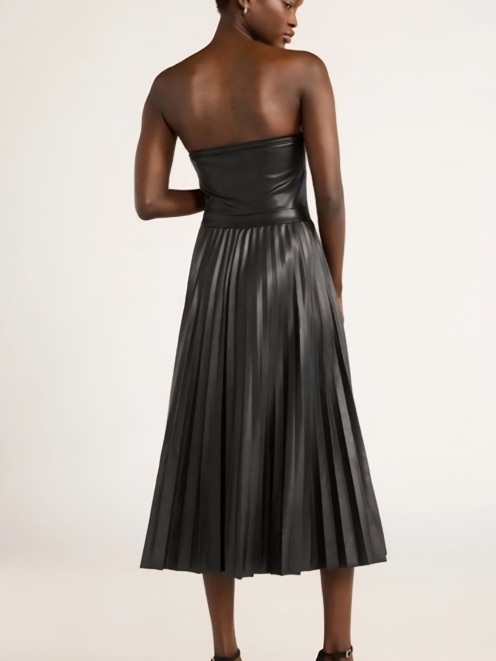 Scoop NWT Strapless Black Pleated Faux-Leather Midi Dress Size L - Picture 5 of 6